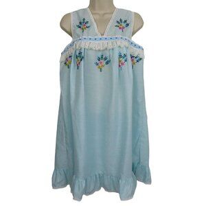 VTG Saramal Womens Large 16 Blue Embroidered Flower Floral Lace Trim Nightgown